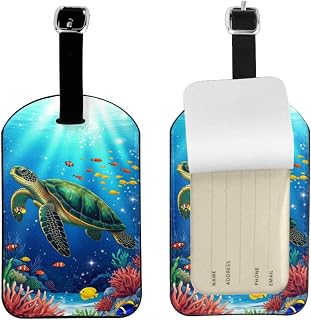 UESEU Cute Sea Turtle Luggage Tag for Suitcases,Fish Coral Ocean Multicolored PU Leather Baggage Tags Bag Tags Travel Id Label for Luggage Women Men -1 Piece