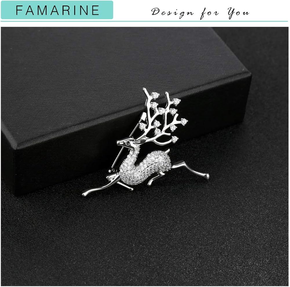 FAMARINE CZ Sika Deer Brooches for Women, Christmas Animals Brooch Pin Paved by Cubic Zirconia Crystals (Silver): Clothing, Shoes & Jewelry