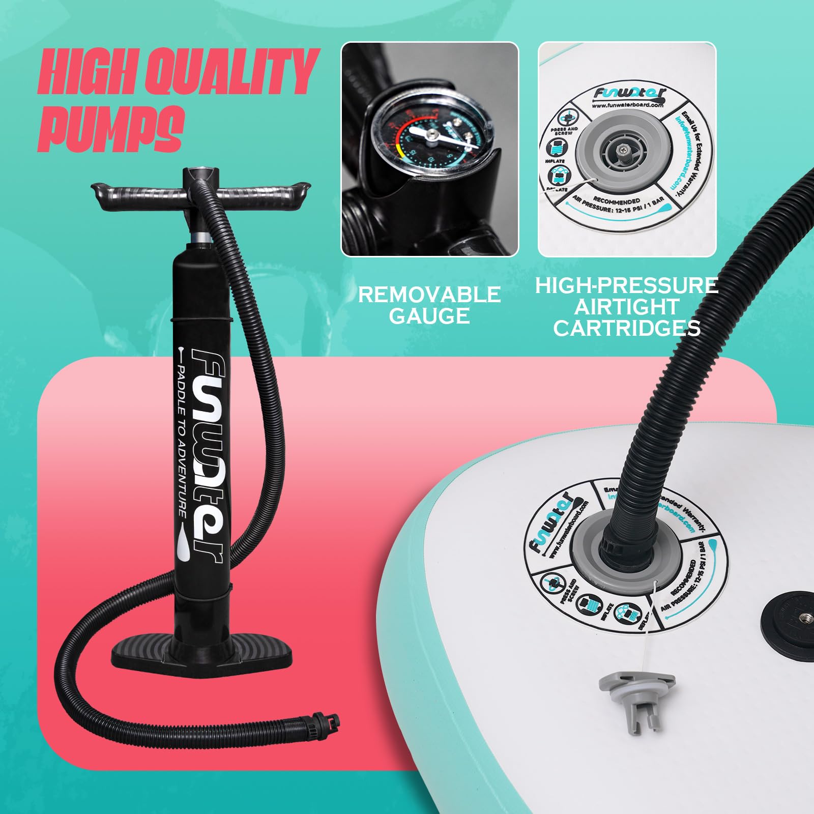 FunWater Tabla de Surf Hinchable de Pie, Sup con Remo Ajustable, Bomba, Mochila de Viaje, Correa de Seguridad y Funda Impermeable para Teléfono Móvil