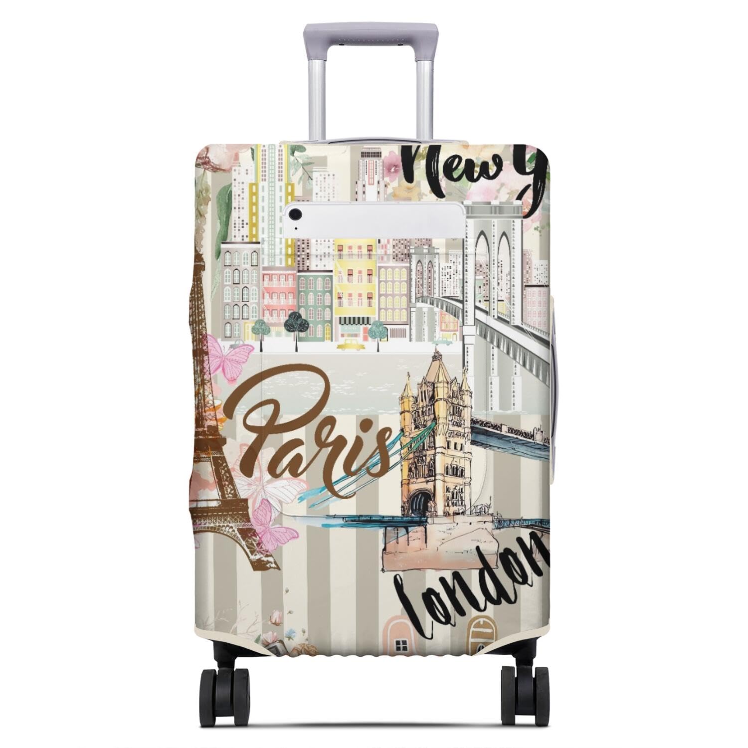 Vehcimbev Washable World Famous Scenery Luggage Cover -Eiffel Tower,London Bridge and New York Bridge with Pocket Elastic Travel Suitcase Protector