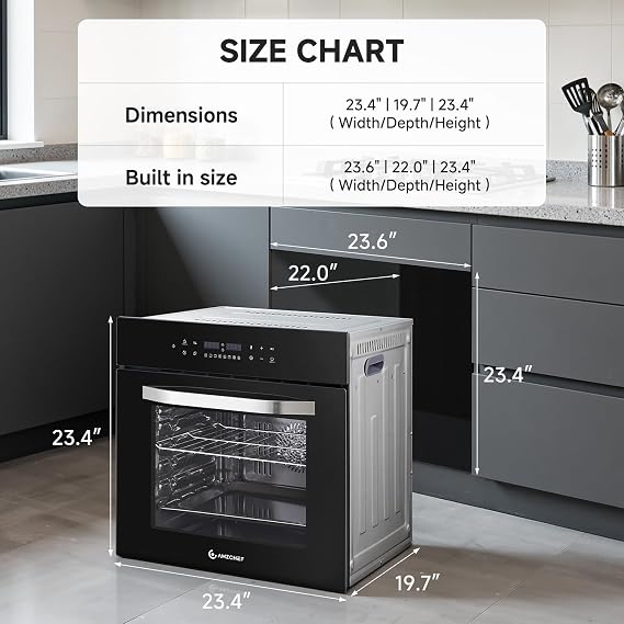 AMZCHEF Wall Ovens 24 inch Electric,77L, 2800W, 8 Cooking Function, Black