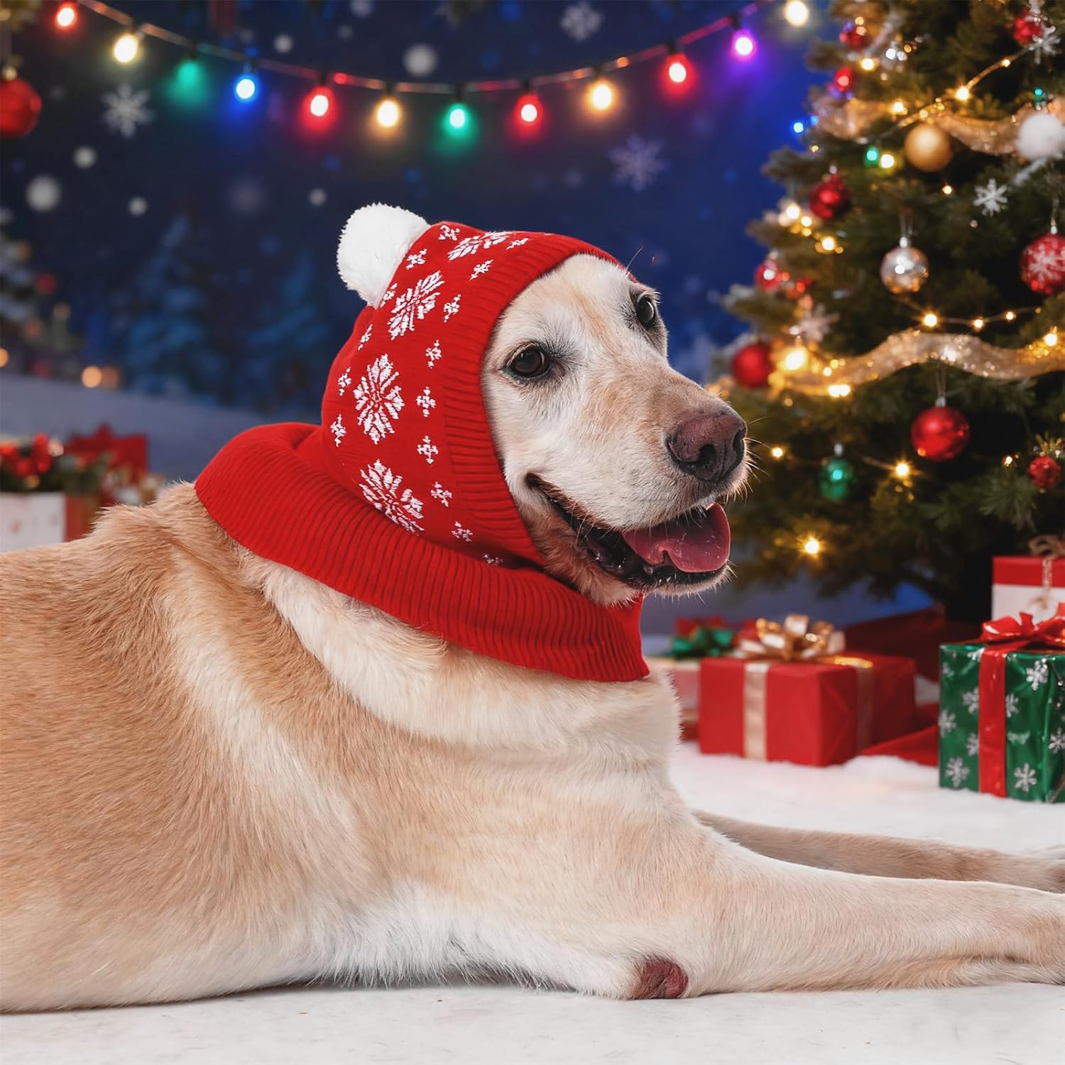 IDOMIK Christmas Dog Hat Costume For Small And Medium Dogs & Cats Warm Winter Dog Knitting Hat Cute Puppy Neck Ear Warmer/Protector Funny Teddy Pet Cap With Pompon Cozy Red Knit Headwear For Pets S-XL