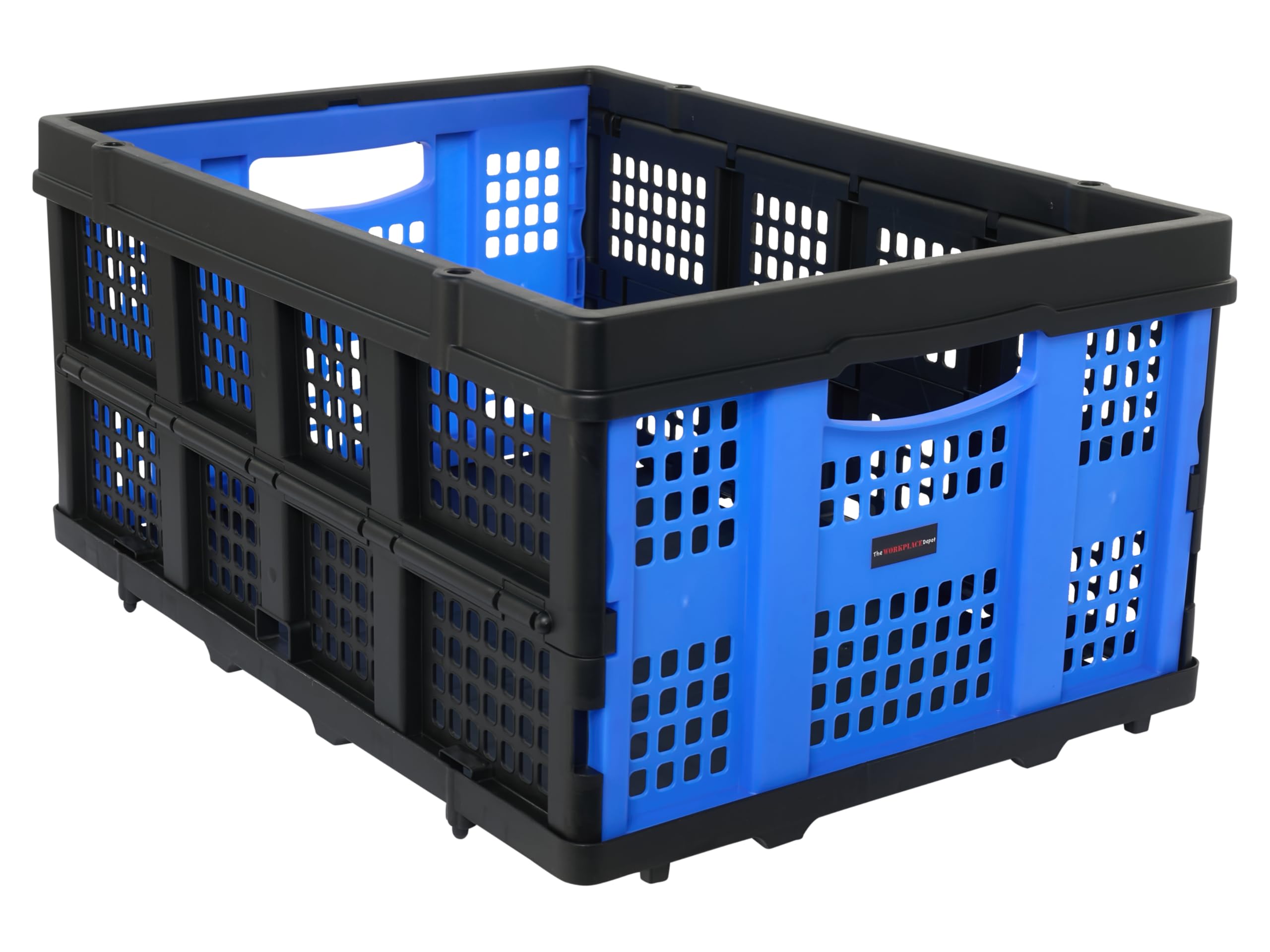 The Workplace Depot Black/Blue Collapsible Crate – 46L Folding Plastic Storage Box – Stackable, Durable & Lightweight – Ideal For Home, Office, Warehouse & Retail Use