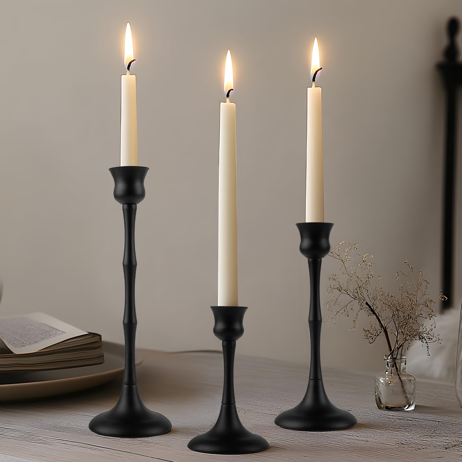 Vintage Metal Candlestick Holders, Set of 3 Black Candle Holders for Candlesticks Antique Taper Candle Stand Candle Sticks Holder for Housewarming Wedding Mantelpiece Table Centerpiece Decor