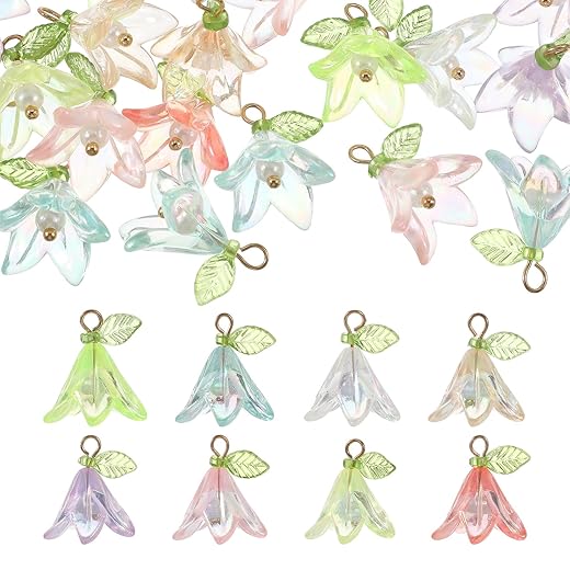 40Pcs Acrylic Flower Pendants, Lily Floral Plastic Dangle Charms with Pearl Beads for Jewelry Making and Bracelets, Floral Assorted Mixed Bulk Charms for DIY Necklace Bracelet Earring & Crafting