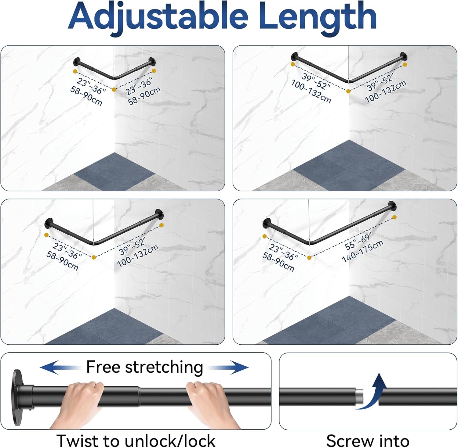 L Shaped Shower Curtain Rods, Adjustable (23''-69'' X 23''-69'') Corner Shower Rod with 12 Shower Curtain Rings, All 304 Stainless Steel, for Bathroom, Bathtub, Clothing Store, Need to Drill, Black