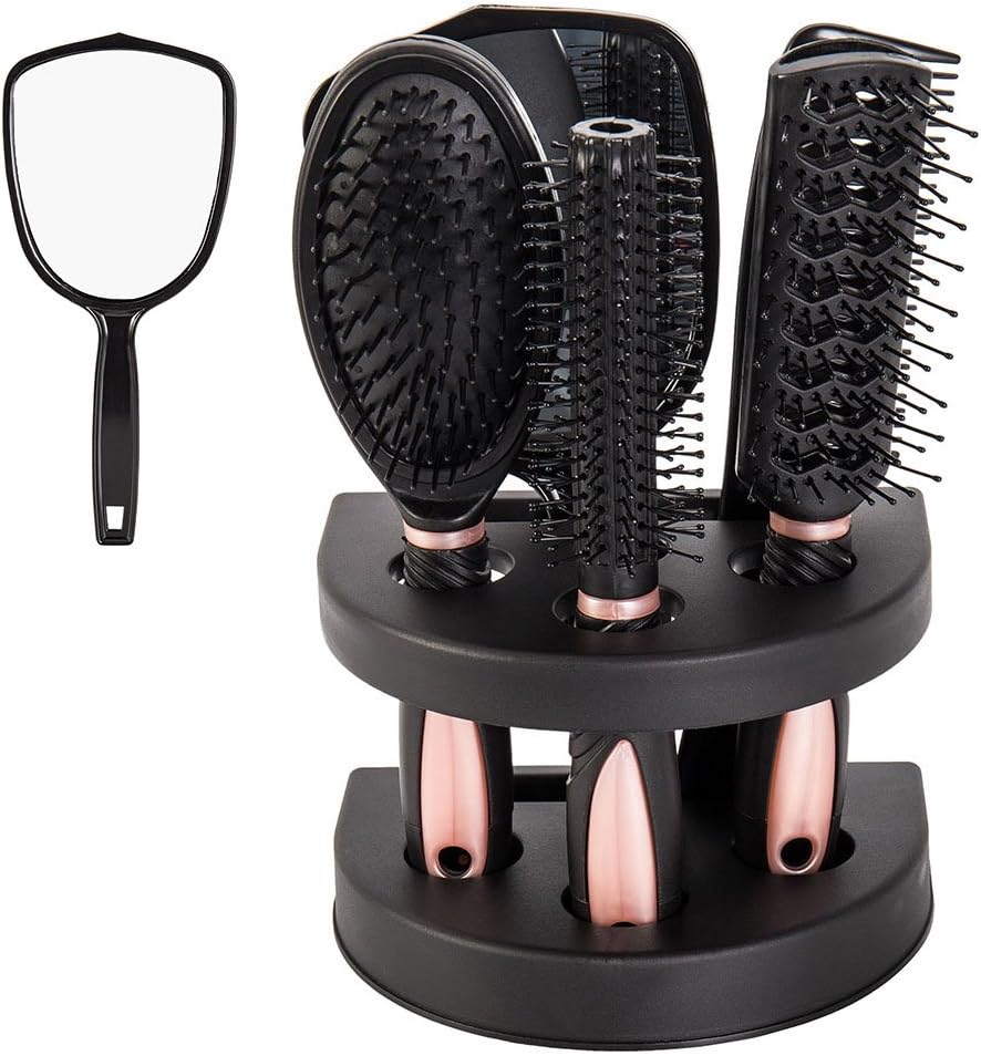 5PCS Pro Hair Brush Set - Velvet Touch Paddle Hair Brush, Detangle Comb, Mirror And Holder Stand Set - Women Ladies Wet, Hair Care Massage Brush - No More Tangle - Adults & Kids