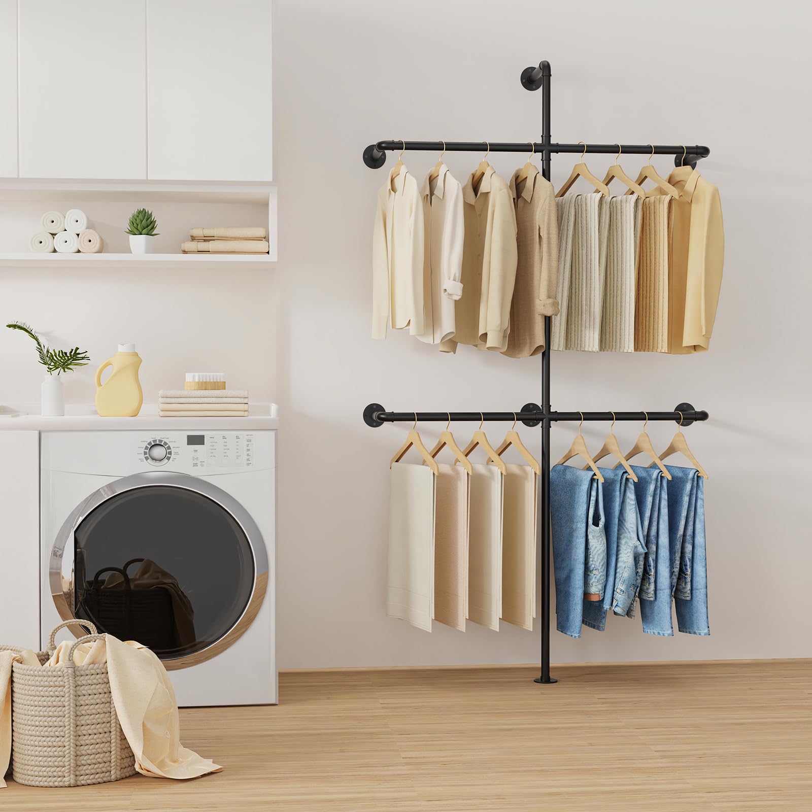Yawinhe Barra Para Colgar Ropa de Pared,2 Columnas Armario Abierto,Negro | Metal Colgadores de ropa, Perchero de Pared Industrial,Perchero Pared para Colgar Ropa;Barra Pesada Montada en la Pared