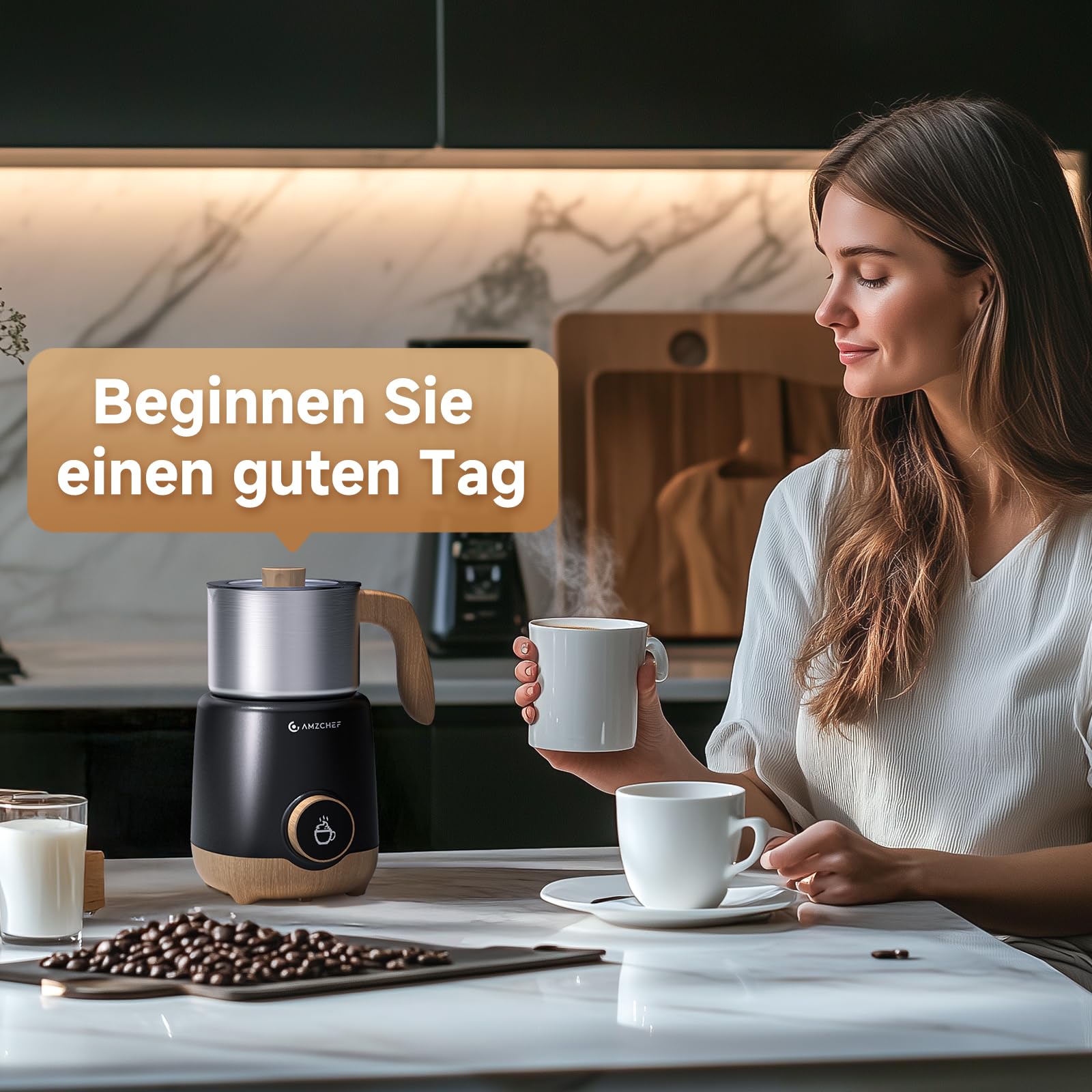 AMZCHEF Milchaufschäumer 600ml, 8-IN-1 Großer Induktion Milchschäumer für Heißen & Kalten Milchschaum, Heiße Milch & Kakao, Abnehmbarer Behälter, OLED Display,550W