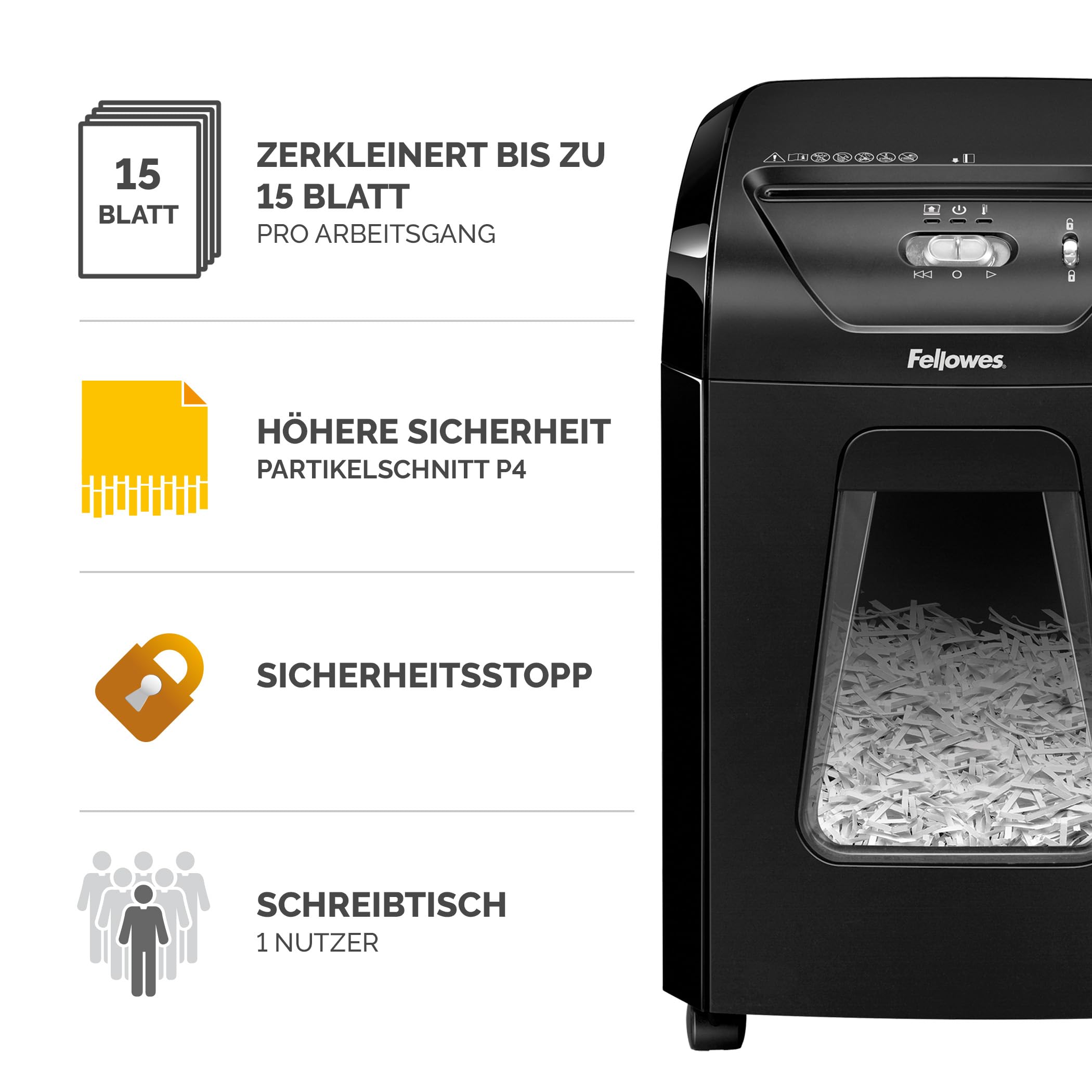 Fellowes FS-15C Aktenvernichter, Kreuzschnitt, 15 Blatt, P4, 19L Auszugsbehälter, Hochsicherheit, Papiervernichter für Zuhause & Büro, Leise & Leistungsstark, Schwarz