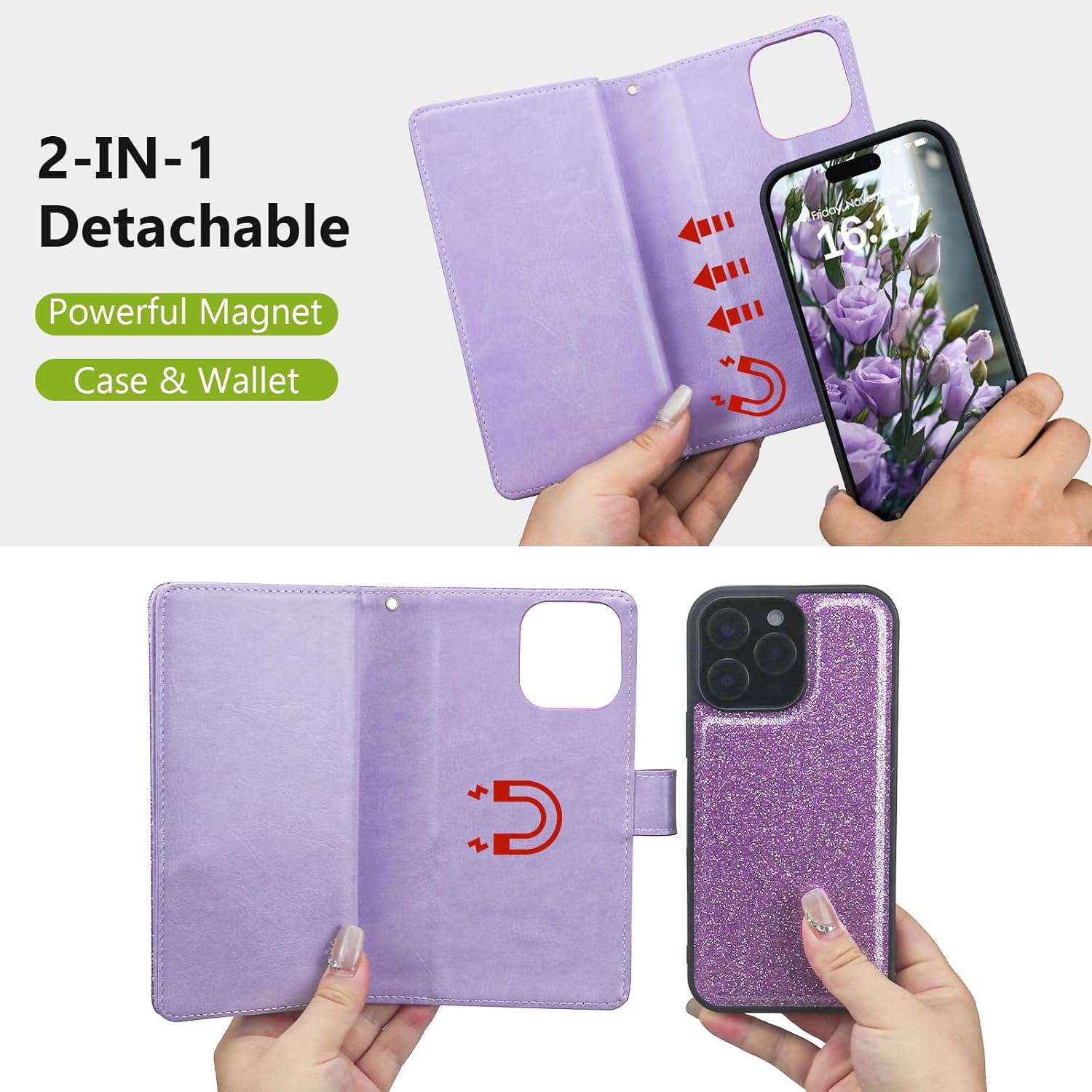 Varikke for iPhone 14 Pro Max Wallet Case Detachable with Card Holder for Women, Fashion Glitter Leather Strap Magnetic Flip Wallet Removable Phone Case Cover for iPhone 14 Pro Max 6.7", Light Purple - Image 3