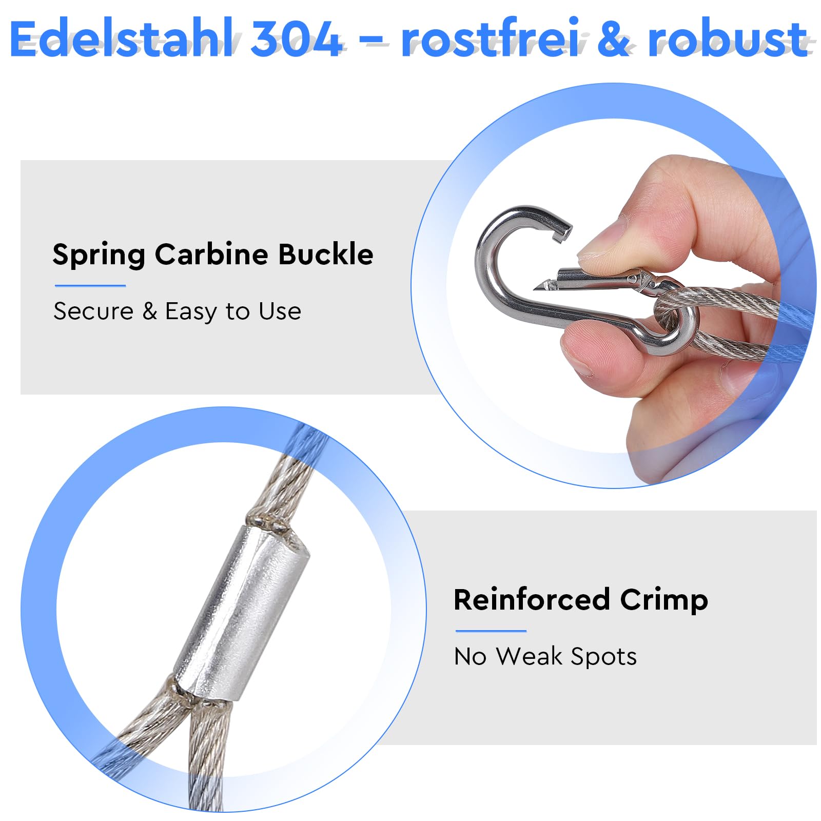 EFUTURETIME 10 x Cavo di Sicurezza in Acciaio Inox da 80 cm con Moschettone di Sicurezza n° 5, Cavetto Ø4 mm con Guaina in PVC Trasparente per Appendimanto Luci, Portata 50 kg