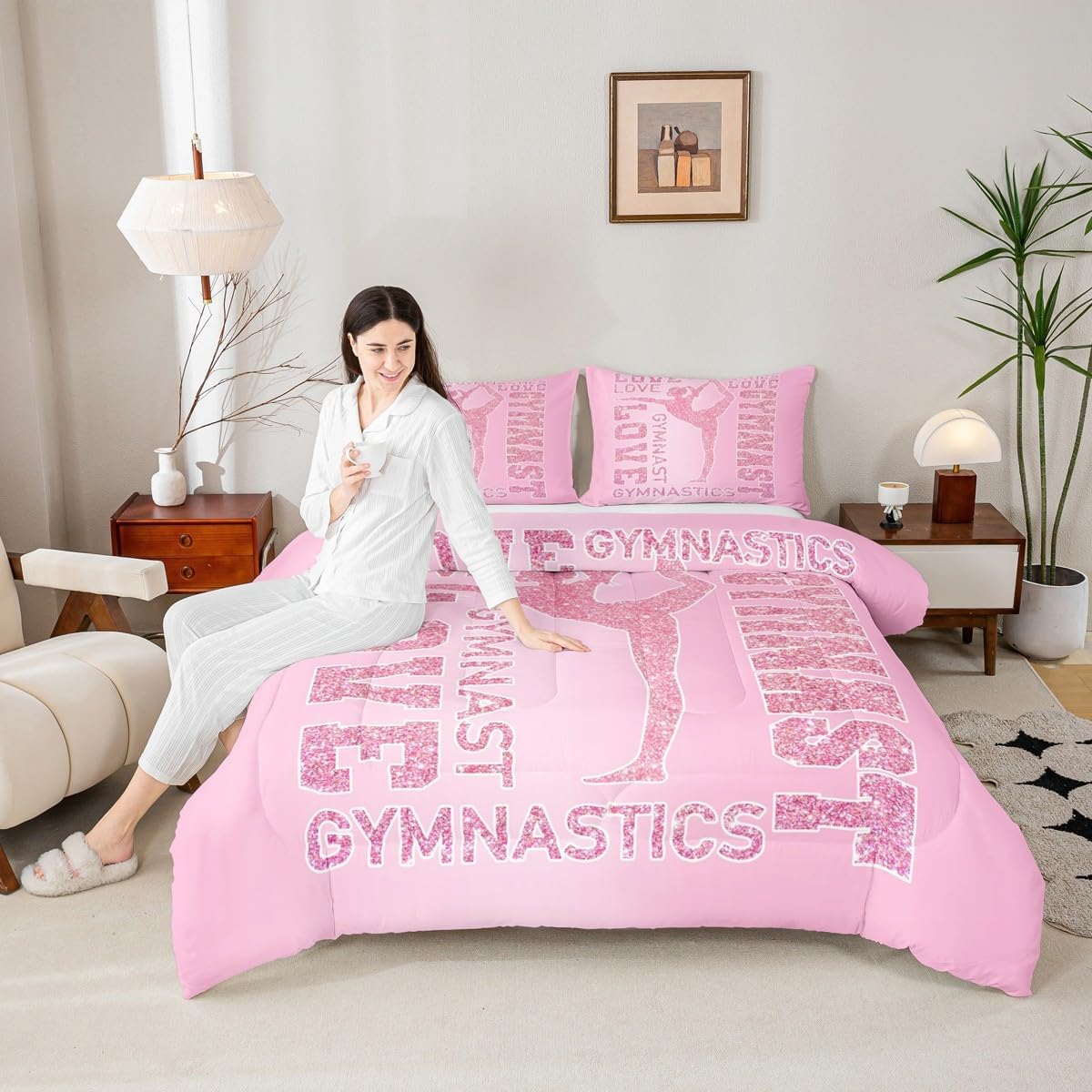 Gymnastics Lovers Kids Comforter Set Queen Size,Glitter Gymnast Silhouettes Bedding Set,Girls Boys Adults Home Decor,Cheerleading Sports Down Comforter,Pink Romantic Duvet Insert,2 Pillowcases