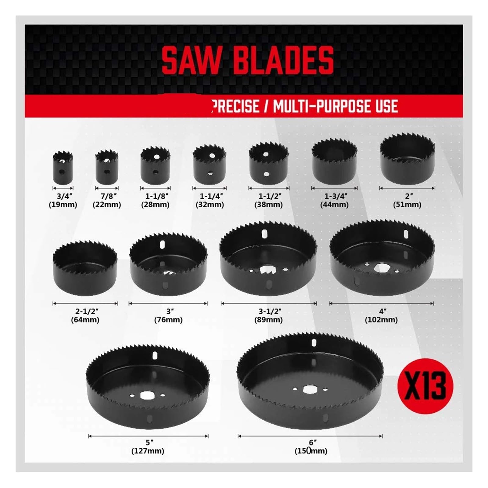 Juego De Sierras De Corona De 19 Piezas Con Mandriles De 19-152 Mm (3/4"-6") Y Llave Hexagonal. Incluye Estuche De Almacenamiento. Ideal For Madera Blanda Y Tableros De PVC.