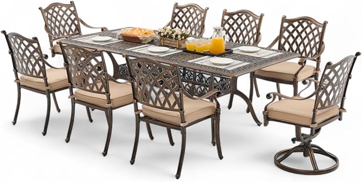 9 Piece Outdoor Dining Set Cast Aluminum Patio Furniture Set, Retro Patio Dining Set for 8 Includes 86.6 Table 8 Chairs with Thicker Cushion and Umbrella Hole for Patio Deck Garden