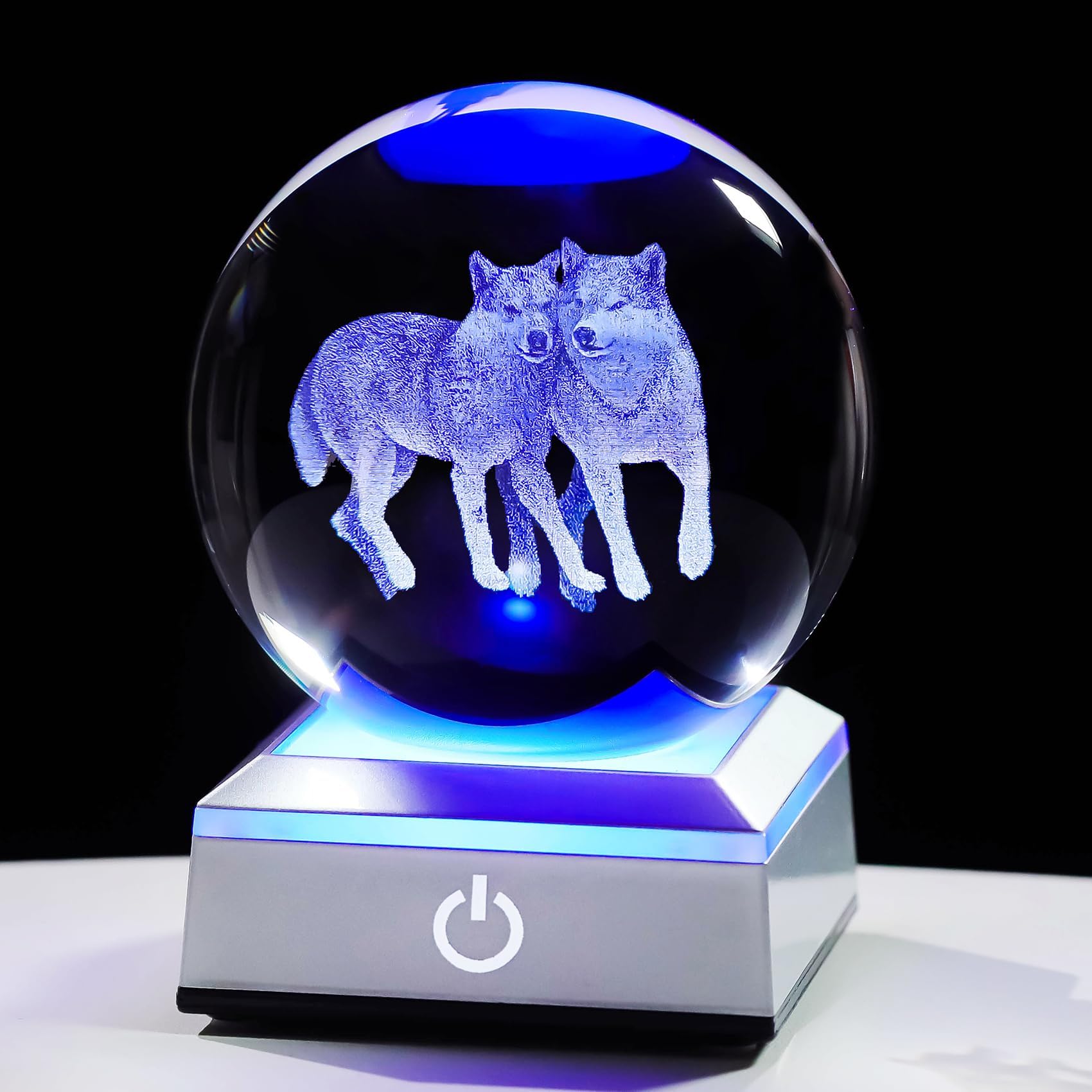 Ornalrist Wolf Gifts for Women, Men - 3D Crystal Ball Engrevd Couple Wolfs 3.15'' with LED Light Base - Wolf Lover Night Light Figurinefor Home Decor
