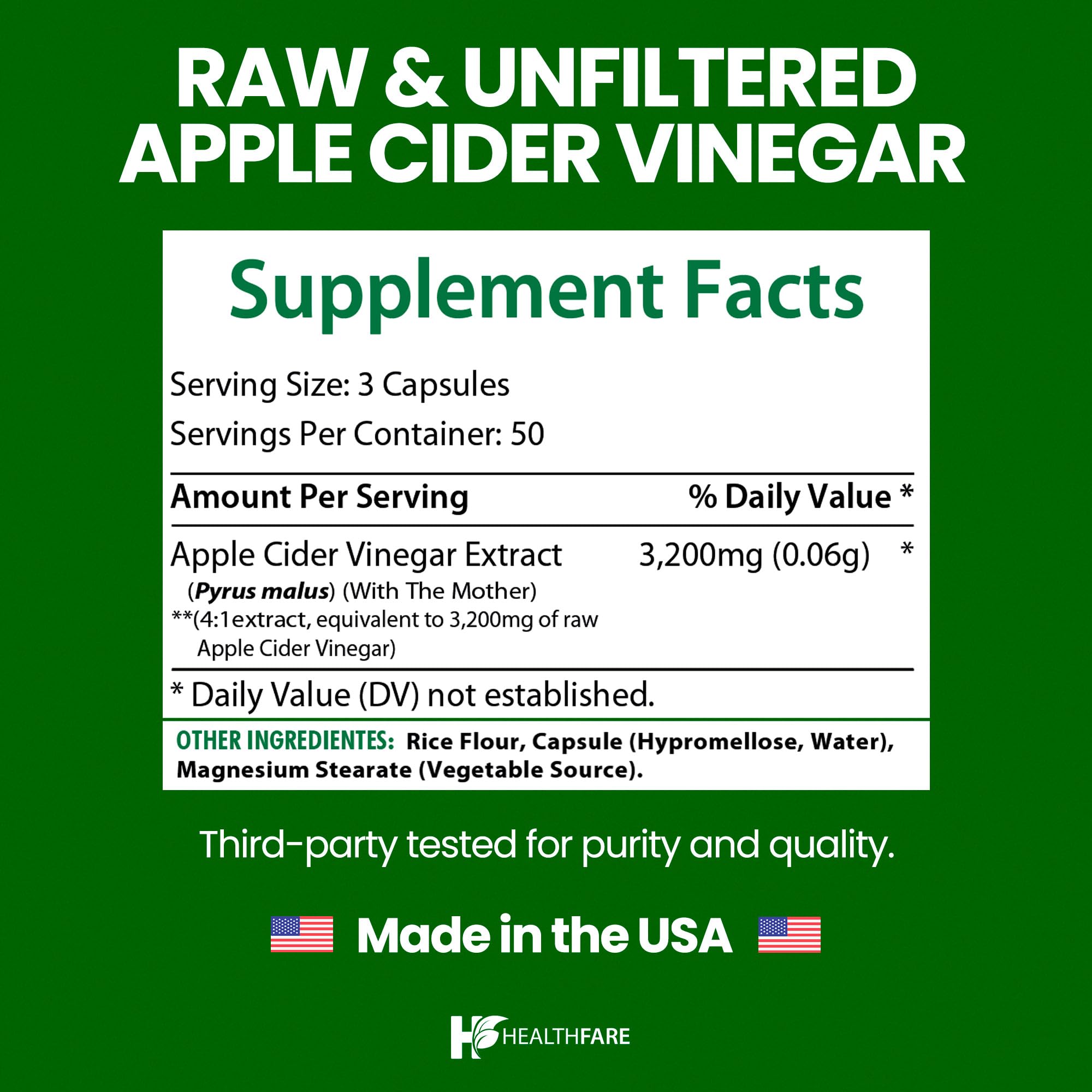HealthFare Apple Cider Vinegar Capsules with the Mother | Raw, Organic & Unfiltered ACV | 150 Vegan Pills | Maximum Strength Supplement for Detox & Digestion | Non-GMO, Gluten-Free, Made in USA — Amazon image 3