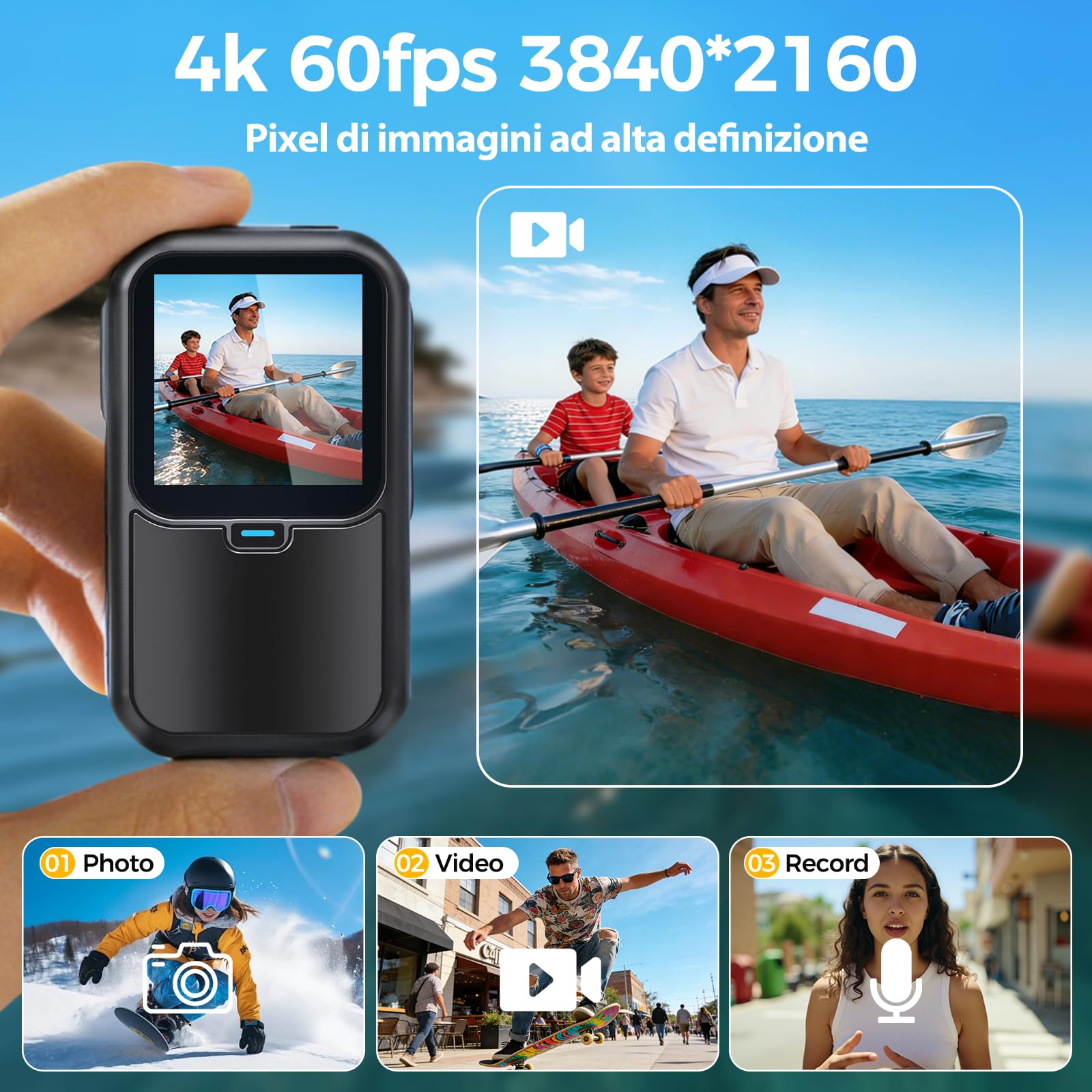 AIKER Action Cam 4K 60fps,Versione aggiornata bodycam WiFi 150°,Impermeabile fino a 30M Dotato di stabilizzazione dellimmagine,Qualità dellimmagine ad alta definizione,accessori multifunzionali