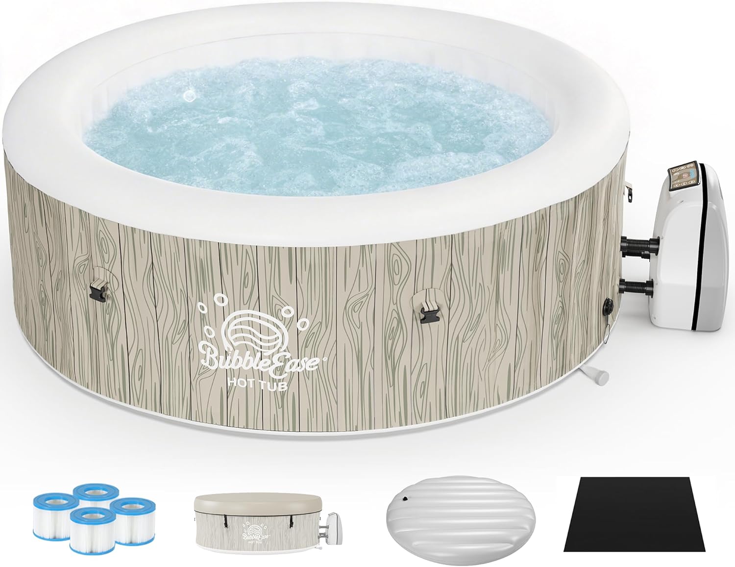 UHOMEPRO Inflatable Hot Tub Spa Set, Outdoor Bubble Massage Round Portable Hot Tubs, 4-6 Person Outdoor Hot Tub with External Heater Pump, 140 Soothing Jets, Insulated Cover and 4 Filter Cartridges