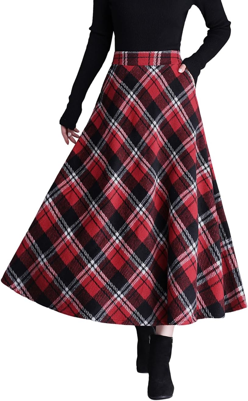 Women's Winter Wool Long Skirt High Waist Elastic Elegant Plaid A-Lin Maxi Skirts