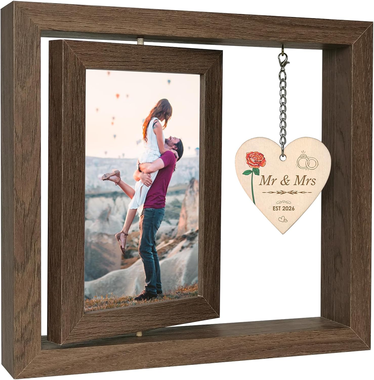 EYITUPC Rotating Engagement Picture Frame - Engagement Gifts for Couples 2026, Holds Two 4x6 Photos, Real Glass Cover, Rustic Wooden Design with Heart Pendant, Gift-Ready Packaging