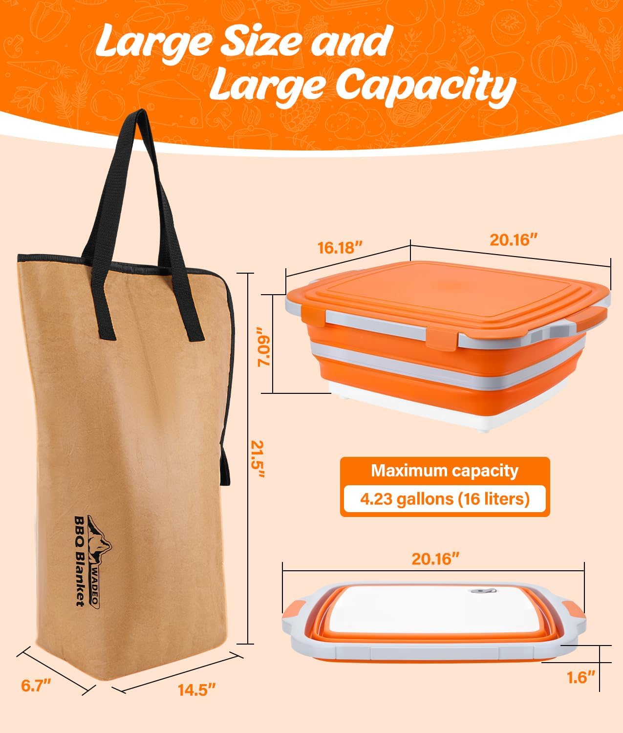 Collapsible Large BBQ Prep Tub & BBQ Resting Bag, Portable Smoking BBQ Blanket Prep Bucket for Resting Meat, Meal Prep, Marinating, 3in1 Foldable Meat Prep Tub Cutting Board with Locking Lid