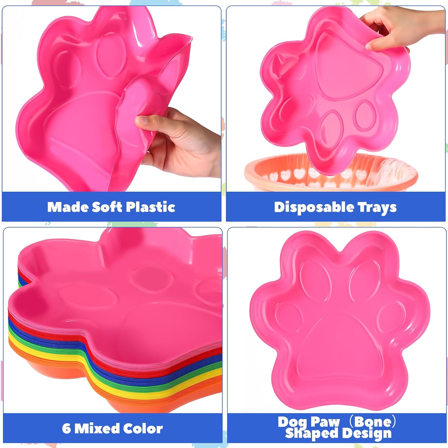 Nitial 60 Pcs Dog Paw Serving Trays, Plastic Puppy Paw Print Birthday Party Plates Patrol Colorful Disposable Pet Party Decorations Tableware Supplies(Bright Color) image 3