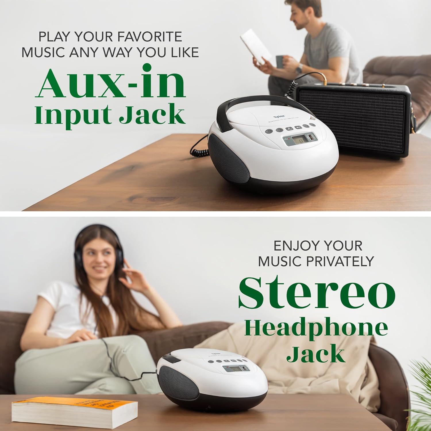 Image showing the Tyler Boombox connected via an Aux-in cable to an external speaker, and a person listening with headphones.