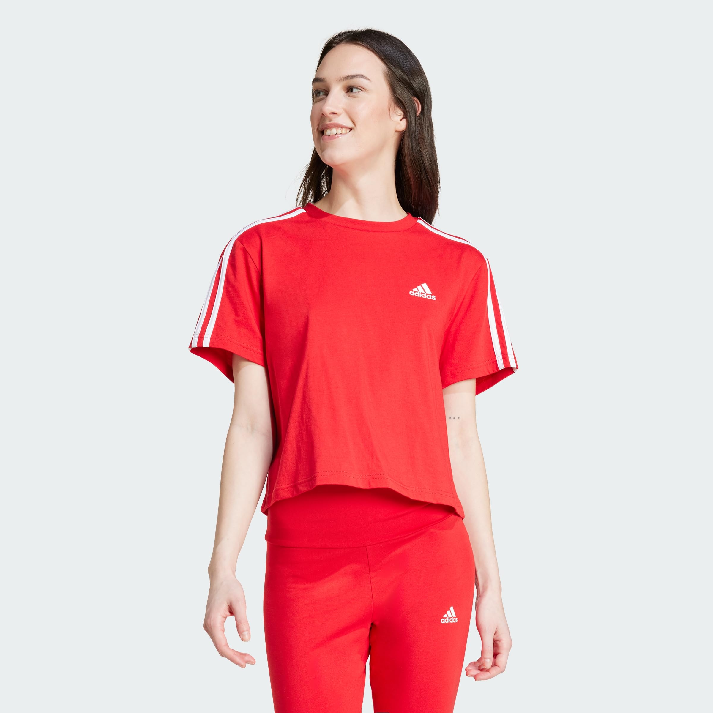 adidas Women's Essentials 3-Stripes Single Jersey Crop Top, Better Scarlet, XS