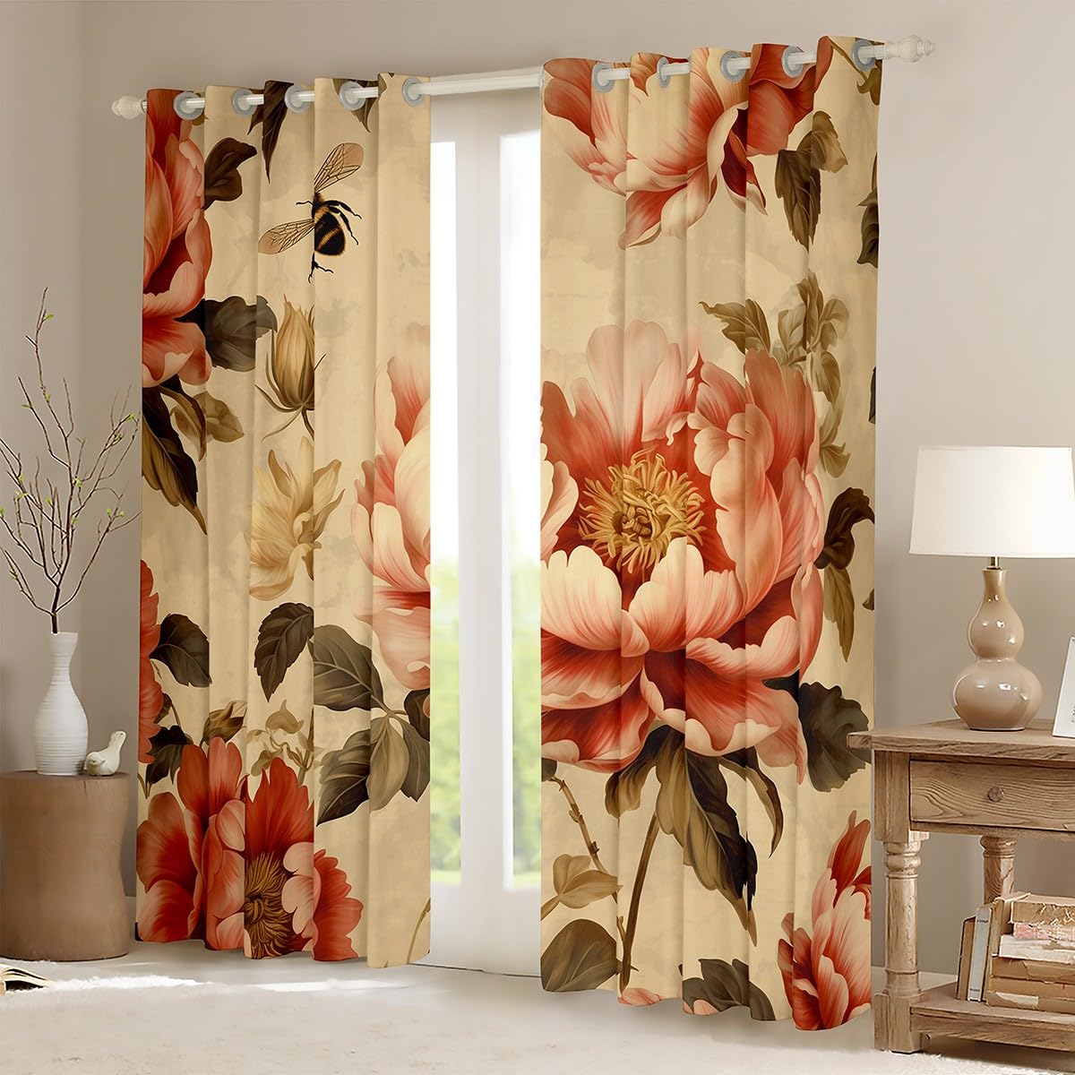 Erosebridal Girls Pink Floral Blackout Curtains 76x54 Vintage Flower Curtains,Kids Honey Bee Curtains & Drapes Cute Wild Animal Bedroom Curtains Pink Beige Window Drapes Spring Themed Bedroom Decor