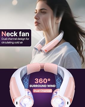 AaoLin Portable Neck Fan with 6000mAh Battery, USB-C Rechargeable, Pink Hands-Free Personal Fan 6 Speeds, 6-20Hrs Cooling for Outdoor Sports/Gym/Office, Adjustable 11oz Lightweight, Neck Cooler