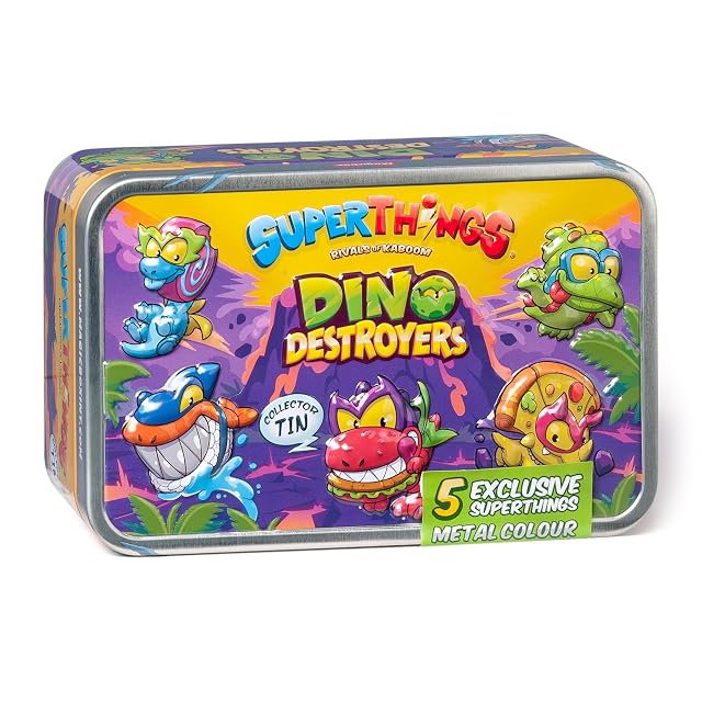 SUPERTHINGS Tin Dino Destroyers - Lata con 5 SuperThings Dinosaurios exclusivos con Efecto Metalizado