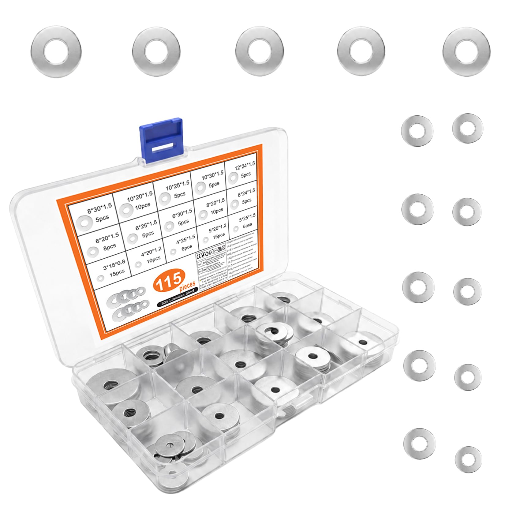 115 Pcs Assorted Washers for Screws, Large Stainless Steel Flat Penny Washers for Bolts, Plain Round Fender Flat Washer Assortment Kit for Screws & Bolts, M3 M4 M5 M6 M8 M10 M12 Washer Set — image 1