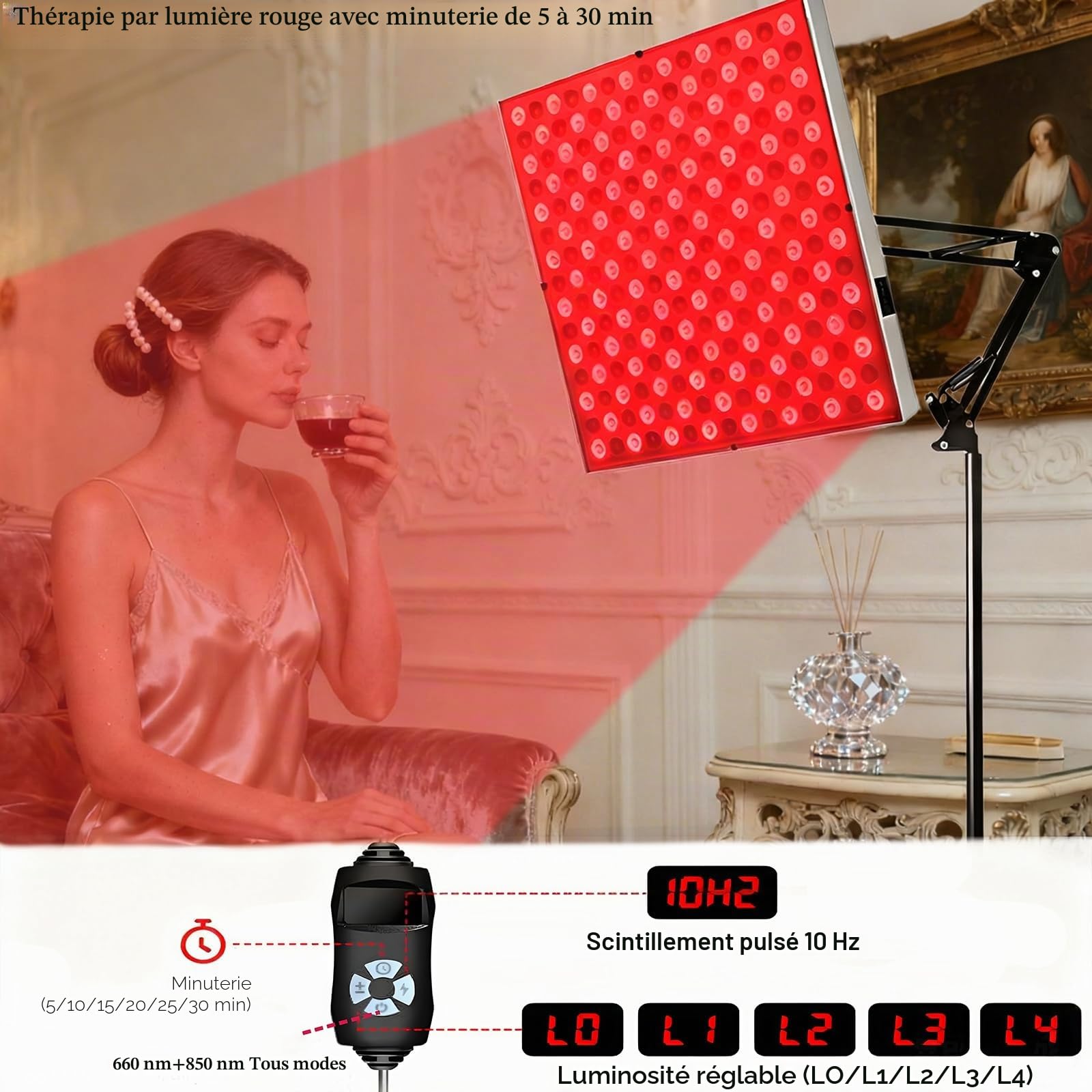 Lampe de luminothérapie rouge corps entier, panneau infrarouge 225 LED 660nm & 850nm carré 31×31 cm, 5 niveaux, 6 minuteries, mode pulsé 10 Hz, pied réglable (Blanc)