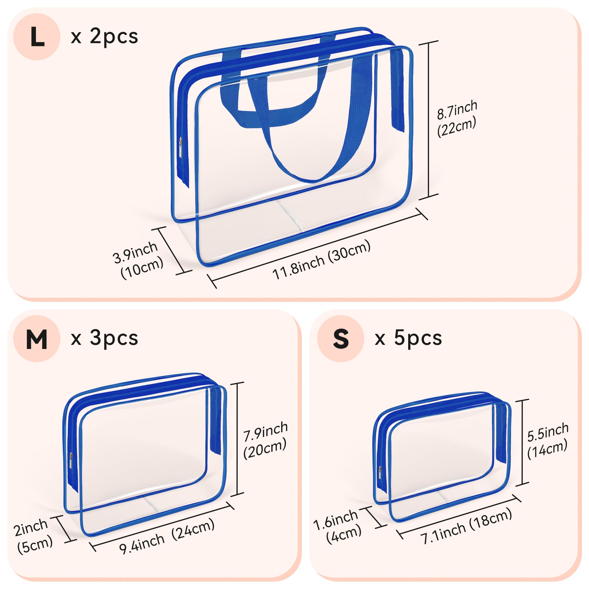 TISRATOK 10 PCS Clear Travel Makeup Toiletry Bag, Plastic PVC Cosmetic TSA Approved Organizer Kit with Zipper Handbag?Blue?