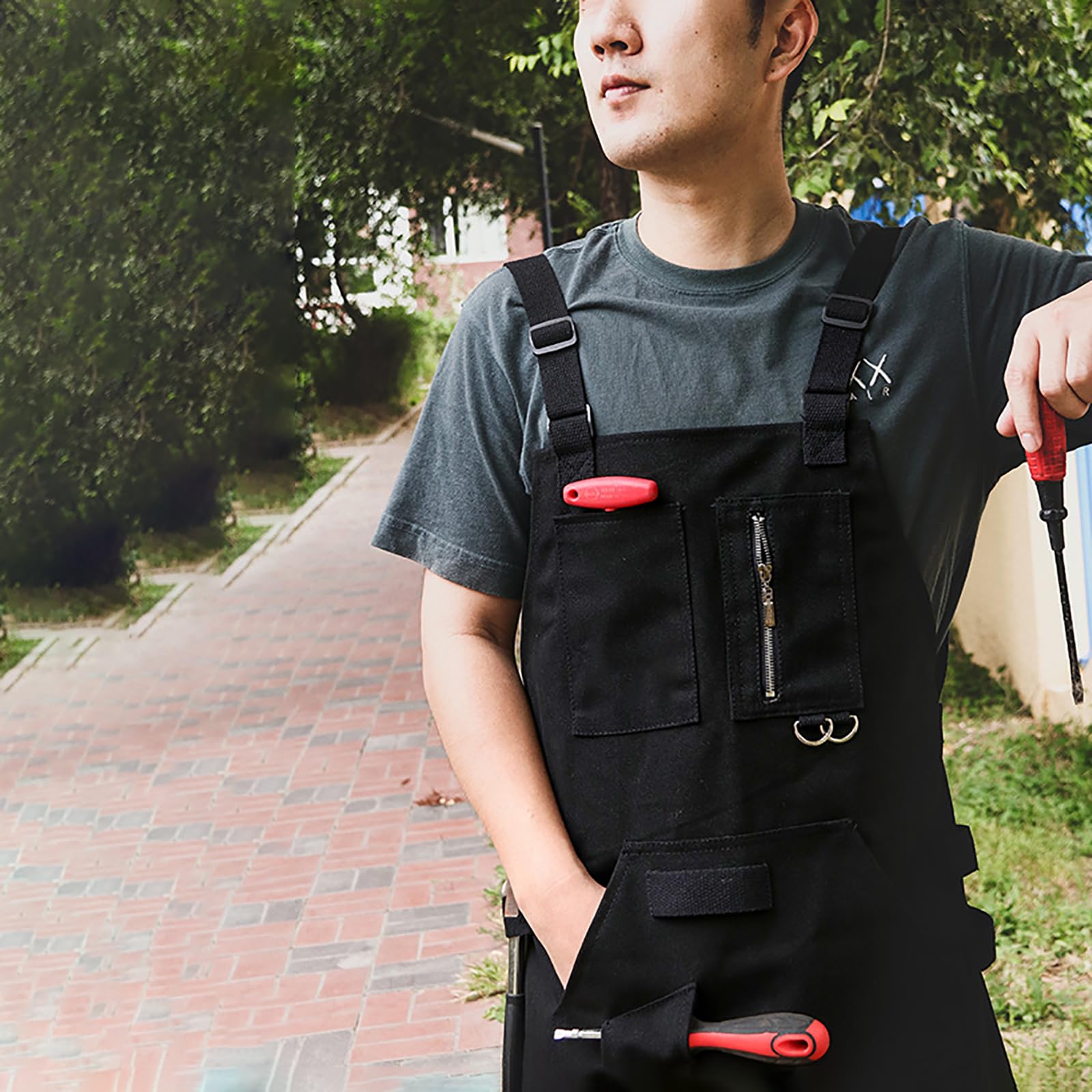 Tabliers en Toile Imperméable Lourd avec 5 Poches, Tablier De Travail Multifonctionnel Réglable pour Jardin, Atelier D'artisanat Et GarageBlack,One Size