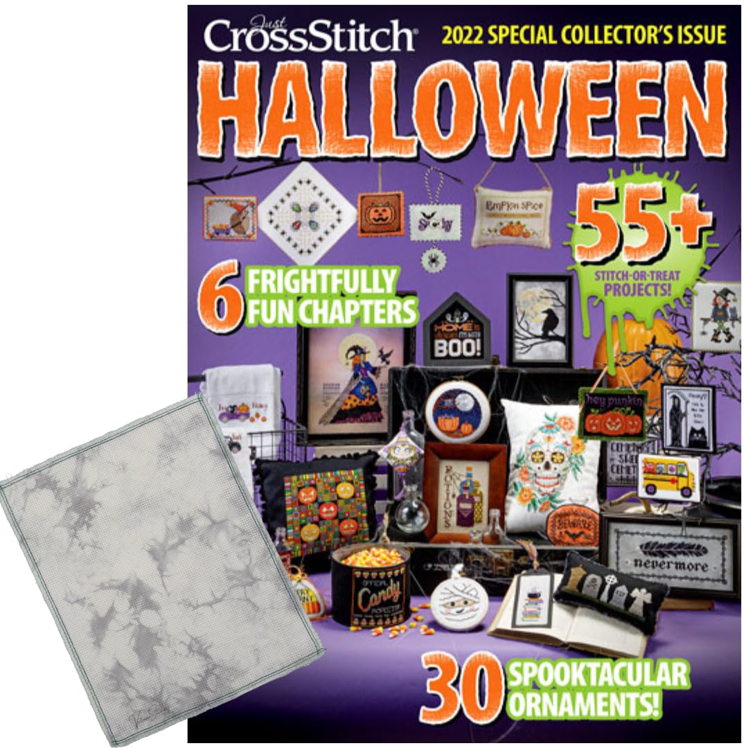 VolcanoStitchingHalloween Cross Stitch Magazine bundle - Just Cross Stitch Magazine 2022 Halloween Special Collector's Issue with Hand Dyed Aida 14 Count Cross Stitch Halloween Fabric