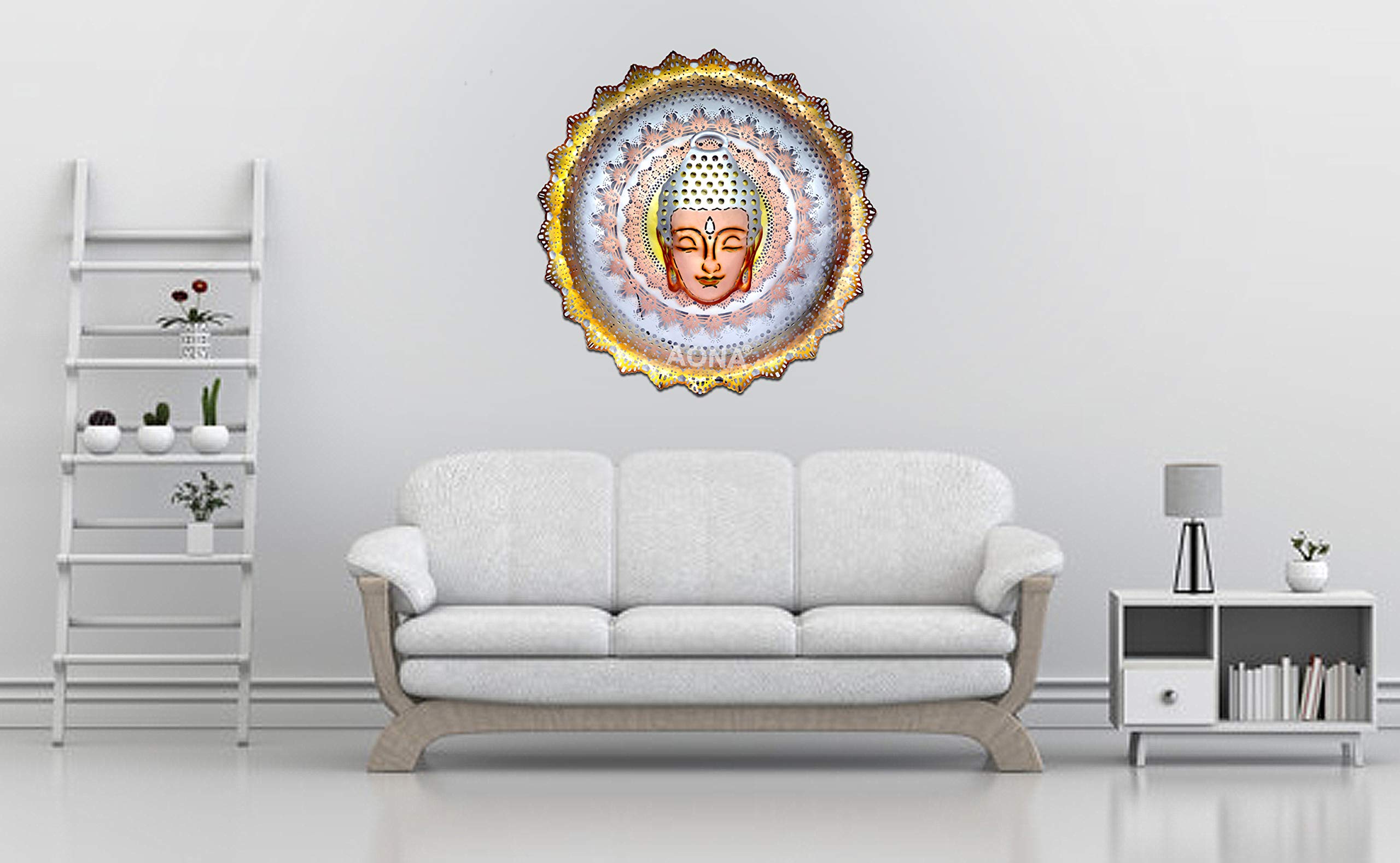 AONA Buddha Metal Wiser Wrought Iron Round Wall Mounted Hanging Art Decor Antique Design Religious Sculpture with LED Light (Multicolour, 32 X 32 X 5 inches) - Image 2 thumbnail