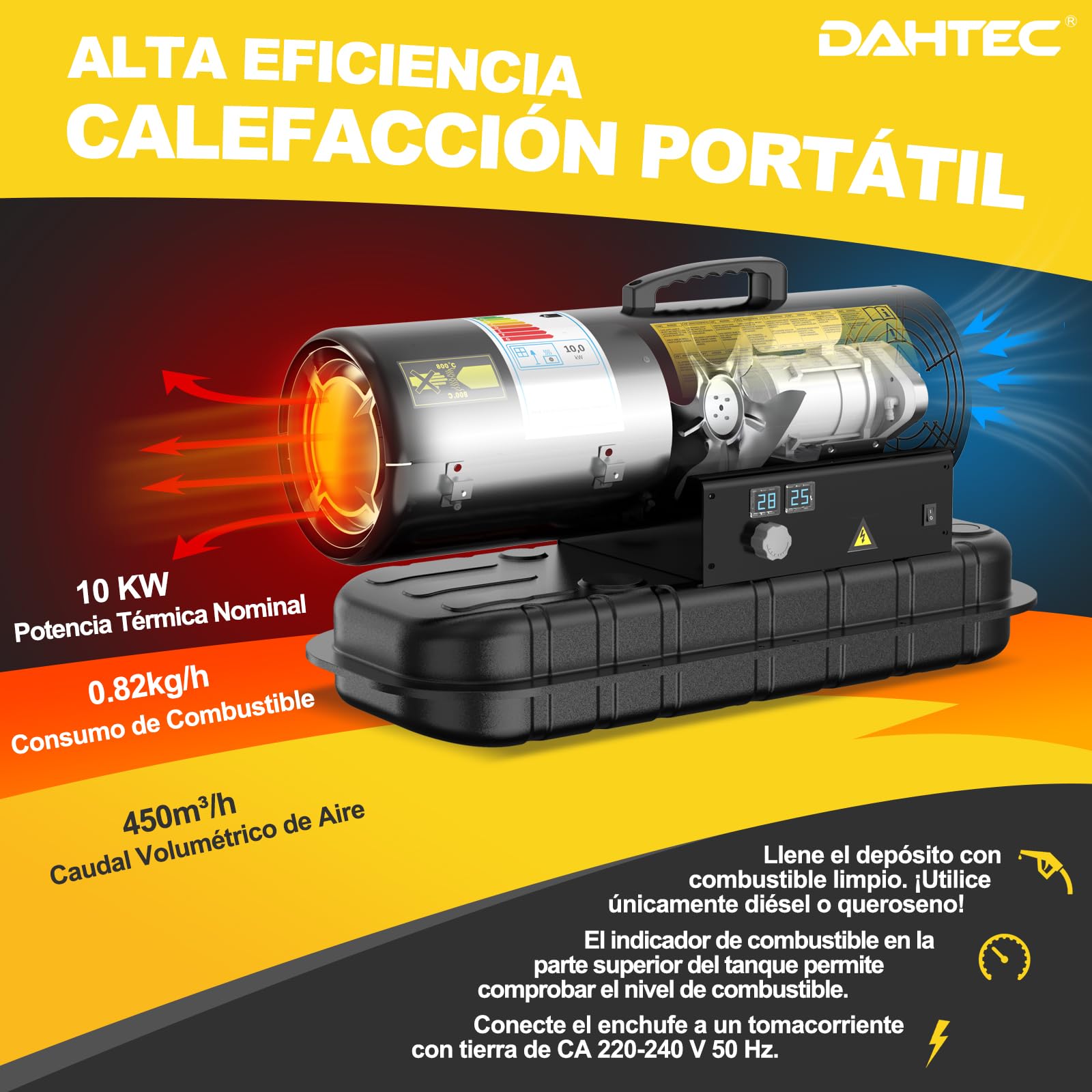 Calefactor Diésel 10 kW - Termoventilador Industrial - Caudal 450 m³/h - Termostato Regulable e Indicador de Nivel de Combustible - Para Talleres, Obras y Uso Agrícola