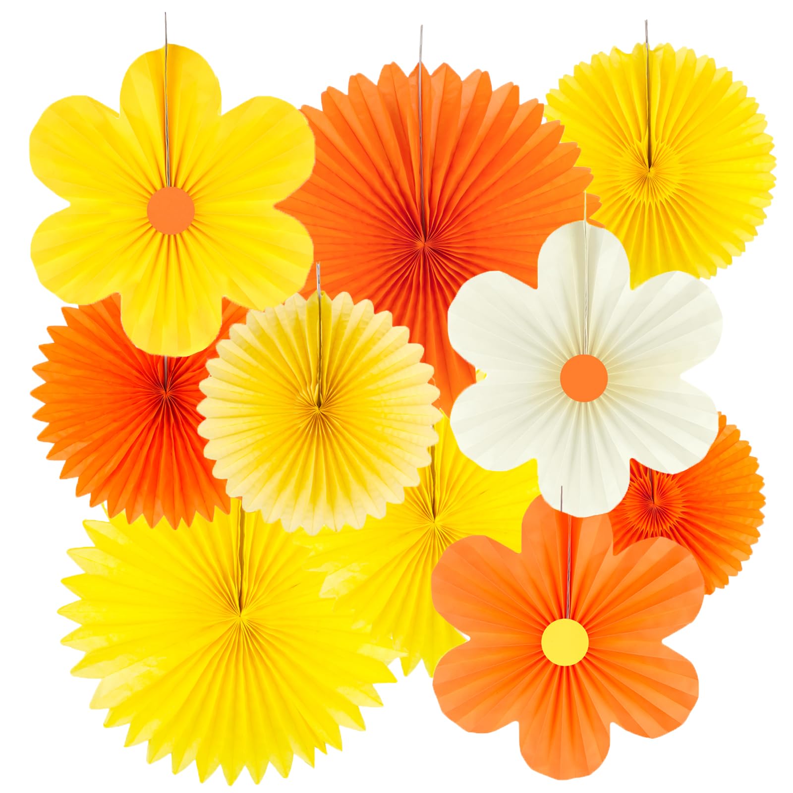 10 Pcs Paper Flowers Fans Decorations, Orange Yellow Daisy Party Decorations, Paper Flowers Hanging Decor for Birthday Classroom Baby Shower Wedding Ceiling Wall Backdrop