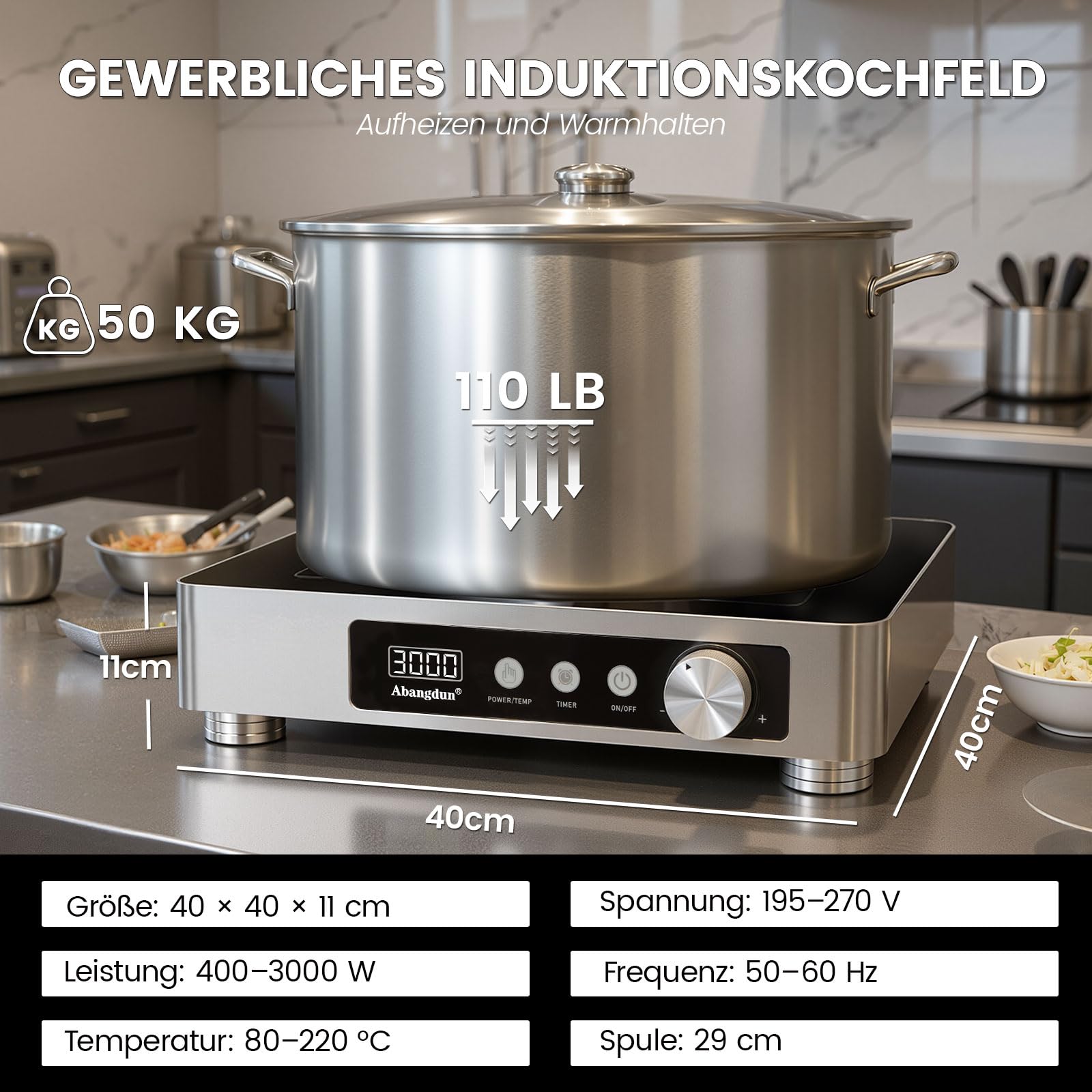 Plaque de cuisson à induction commerciale 3000 W – 190-275 V avec 16 niveaux de puissance, 60 à 220 °C, minuterie 18 h, acier inoxydable et verre, pour restauration, restaurant et cuisine