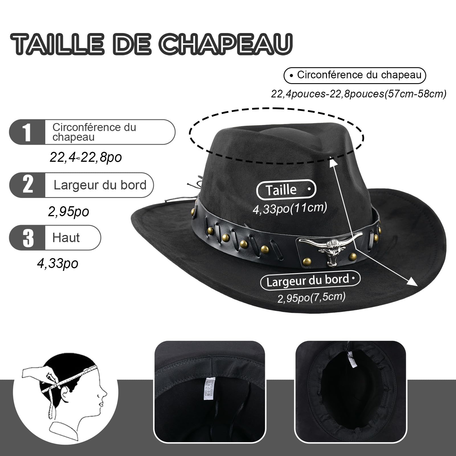 Chapeaux Western Ajustables en Daim Denim pour Homme et Femme, Chapeaux de Cowboy à Large Bord, Chapeaux Western pour Femme (Noirs)