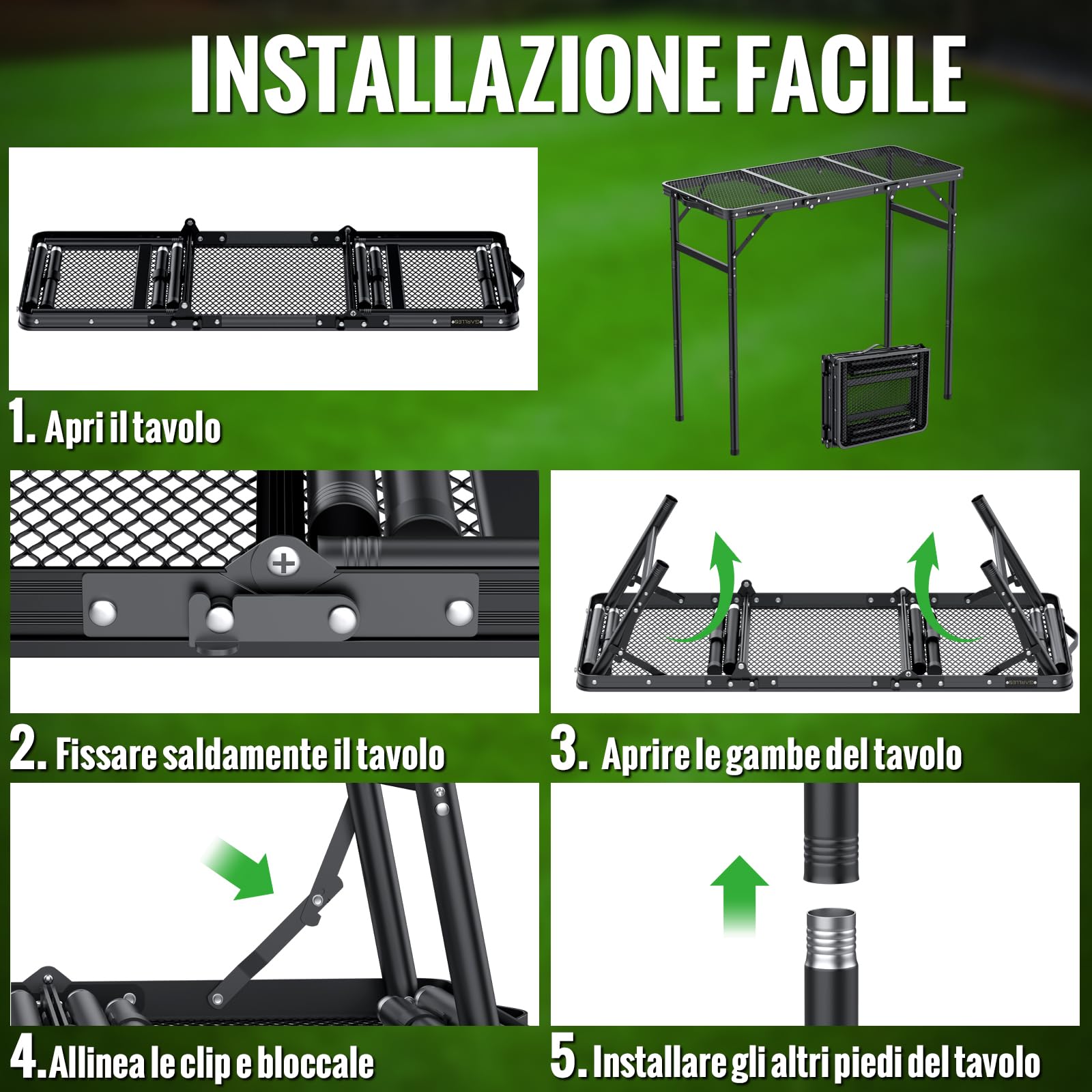 GARLLEN Tavolo Pieghevole per Barbecue,90x40 cm,3 Altezze Regolabili (27/51/74 cm),Tavolo da Giardino in Alluminio,Nero,per Campeeggio Picnic e Spiaggia