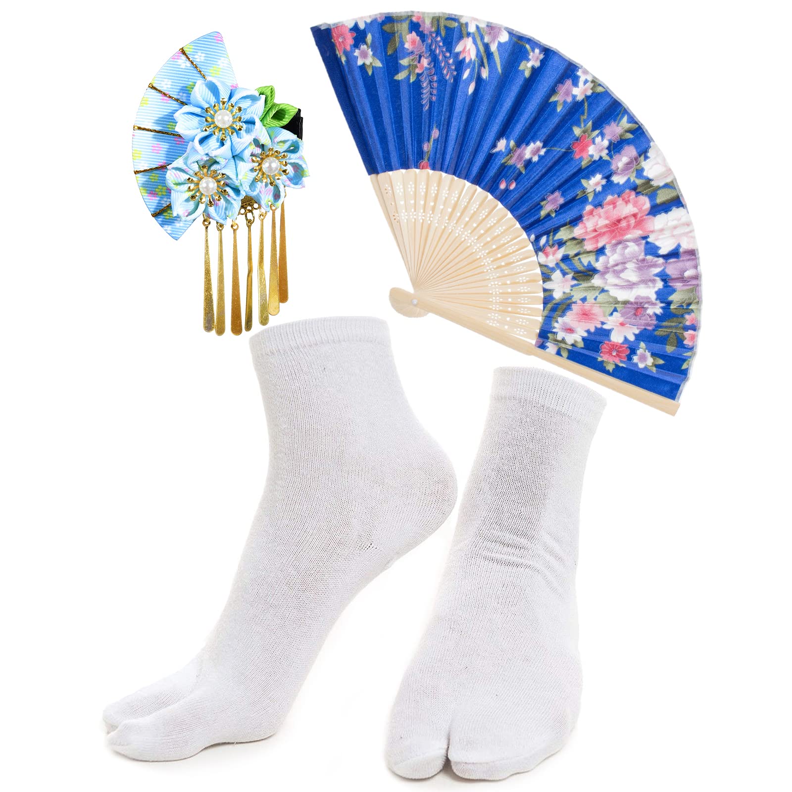 Kimono-Set für Damen, Geisha-Yukata mit Smoking-Rüschen, Satin-Bademantel und Nachtwäsche mit Blütenmuster, inklusive Fächer und Tabi-Socken