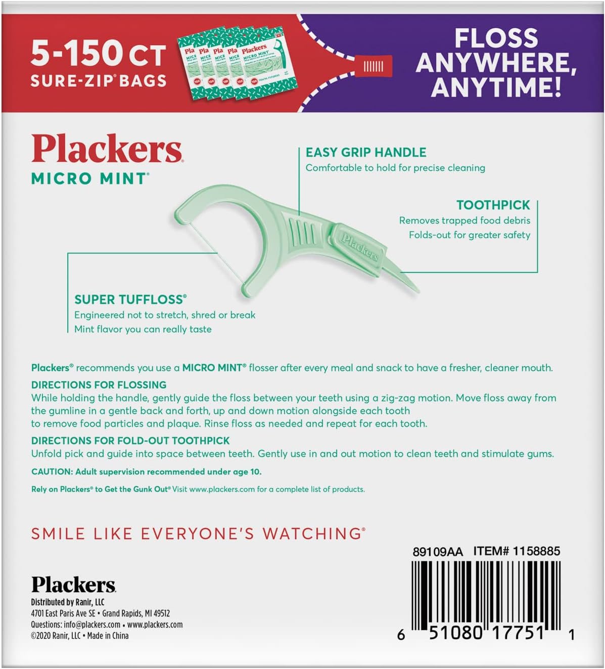Plackers Micro Mint Dental Flossers, Fold-Out Toothpick, Super Tuffloss, Easy Storage with Sure-Zip Seal, Fresh Mint Flavor, 750 Count (Pack of 5)