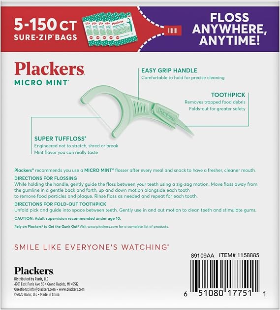 Plackers Micro Mint Dental Flossers, Fold-Out Toothpick, Super Tuffloss, Easy Storage with Sure-Zip Seal, Fresh Mint Flavor, 750 Count (Pack of 5)