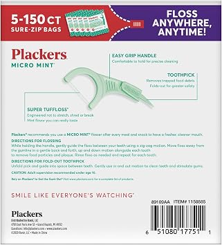 Plackers Micro Mint Dental Flossers, Fold-Out Toothpick, Super Tuffloss, Easy Storage with Sure-Zip Seal, Fresh Mint Flavor, 750 Count (Pack of 5)