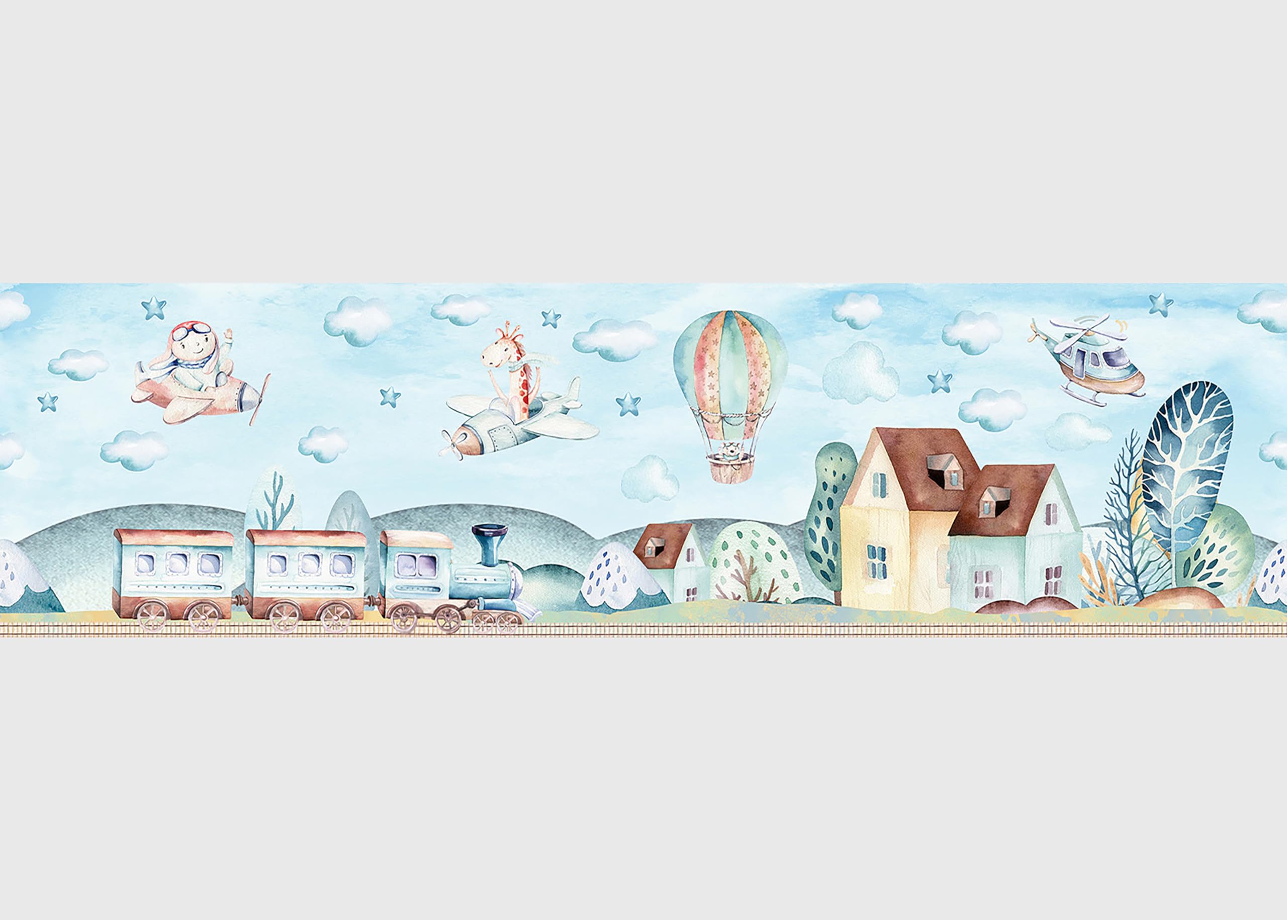 Selbstklebende Bordüre Zug AG Design, AWBD 8028 | Wasserfest Kinderzimmer Wand Aufkleber Dekoration | Wandbordüre für Mädchen und Junge | Folie, Mehrfarbig | Breite 500 cm x Höhe 13.8 cm