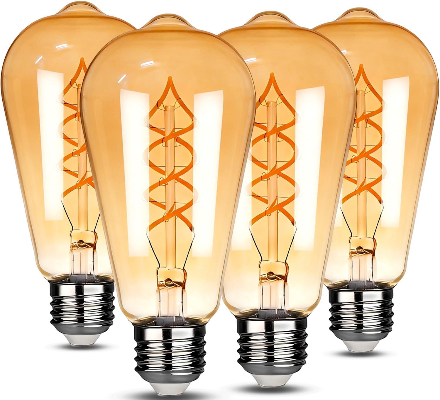 ST64 Edison LED Bulbs 60 Watt Equivalent, Dimmable E26 6W Vintage Light Bulbs, Amber Glass, 2700K Warm White, Spiral Filaments Design Decorative Edison Bulbs for Home Lighting, 4 Pack, 120V