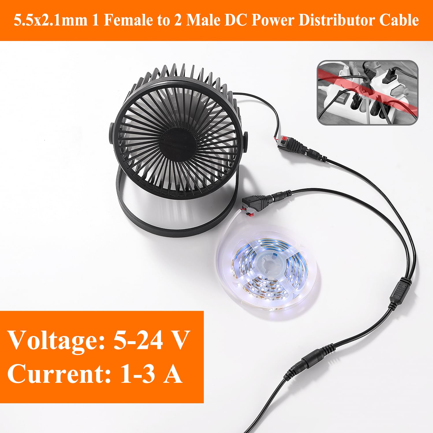 KUOQI 2 Pezzi 5.5x2.1 mm 5-24 V 1 Femmina a 2 Maschi Cavo Splitter DC, Cavo Splitter di Alimentazione DC a 2 Vie per Telecamere CCTV